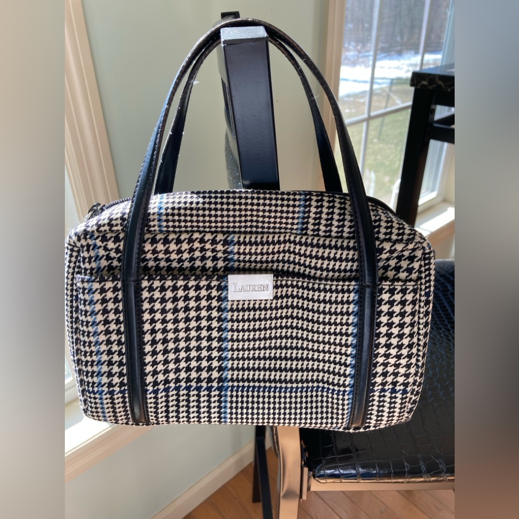 Ralph Lauren Black & White Houndstooth Satchel With Blue Accent